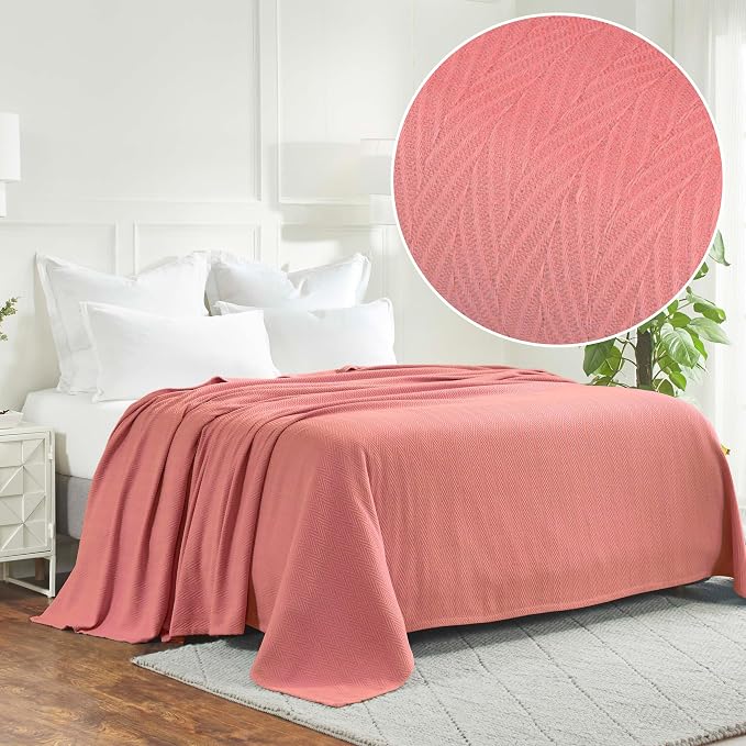 Superior Metro All-Season Cotton Blanket, Woven Blanket for Couch, Bed, Bedding, Farmhouse, Home Essentials, Cute and Cozy Bohemian Blankets, Herringbone Weave, King, Coral