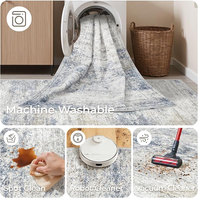 3x16 Washable Runner Rug for Hallway, Non-Slip Long Hallway Runner for Entryway, Soft Vintage Kitchen Mats for Floor, Abstract Dining Room, Bedroom, Living Room Rugs(3'x16',Blue/Brown/Ivory)