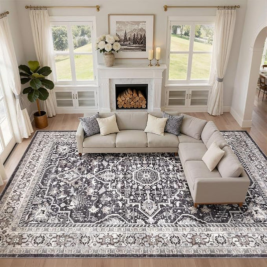 Black Rug Living Room Rugs: 10x14 Washable Boho Large Vintage Moody Soft Distressed Oriental Stain Resistant Non-Slip Indoor Floor Carpet for Bedroom Playroom Office Dining Room Retro Home House