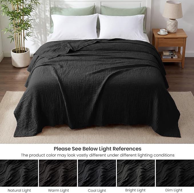 Love's cabin Cooling Muslin Blanket Queen Size, 50% Rayon Derived from Bamboo, 50% Cotton, 4-Layer Lightweight Breathable Summer Gauze Blanket for Bed, Soft for Hot Sleepers and Kids, 90"x90", Black