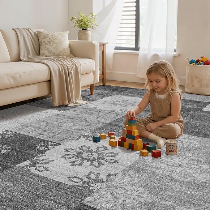 UERMEI 5x7 Area Rug for Living Room - Washable Vintage Carpet, Non-Slip Soft Large Indoor Floor Rugs for Bedroom Home Office & Under Dining Table Decor, Gray Block