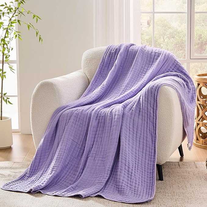 VANJOROY 9-Layer Muslin Throw Blanket 50" x 70" Purple, 100% Cotton Organic Breathable Lightweight Large Throw for Couch Bed Quilt and Bedspread - All Season Muslin Soft Gauze Blanket