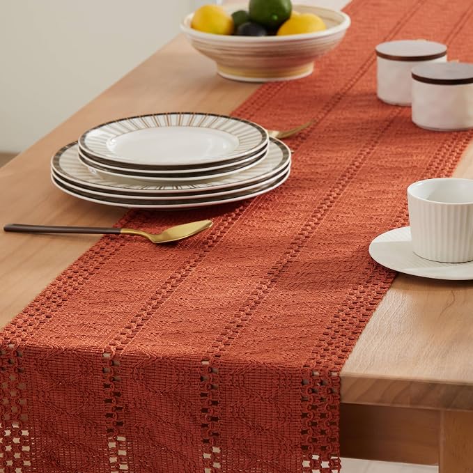 ZeeMart Macrame Style Boho Table Runner, Rust Table Runners 72 Inches Long, Farmhouse Woven Home Decor, 12x72 Inch, Rust