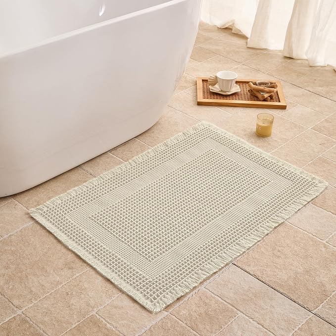 Waffle Bath Mat Non Slip, Boho Bathroom Rug, Super Absorbent Quick Dry Bathroom Mat, Soft Farmhouse Bath Rug with Tassels, Small Washable Shower Mats for Floor 16"x24", Square Cream
