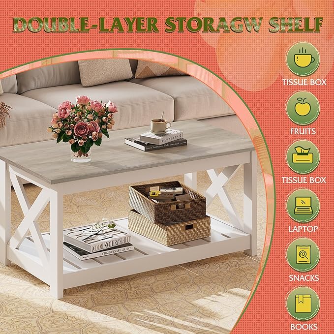 WLIVE Coffee Table, 40.1" Farmhouse Coffee Table with Slatted Storage Shelf & X-Shape Frame, 2-Tier Wood Center Table for Living Room, Balcony,White
