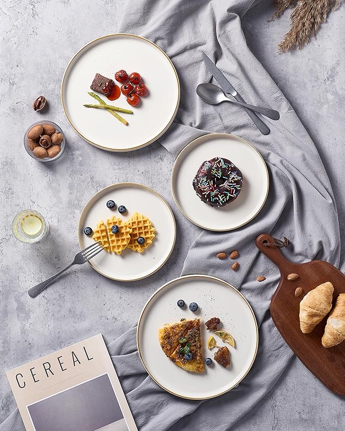 famiware Star Dinner Plates for 6, 10 inches Plate Set, Scratch Resistant, Stoneware Dinnerware, Kitchen Modern Rustic Serving Dishes, Vanilla White