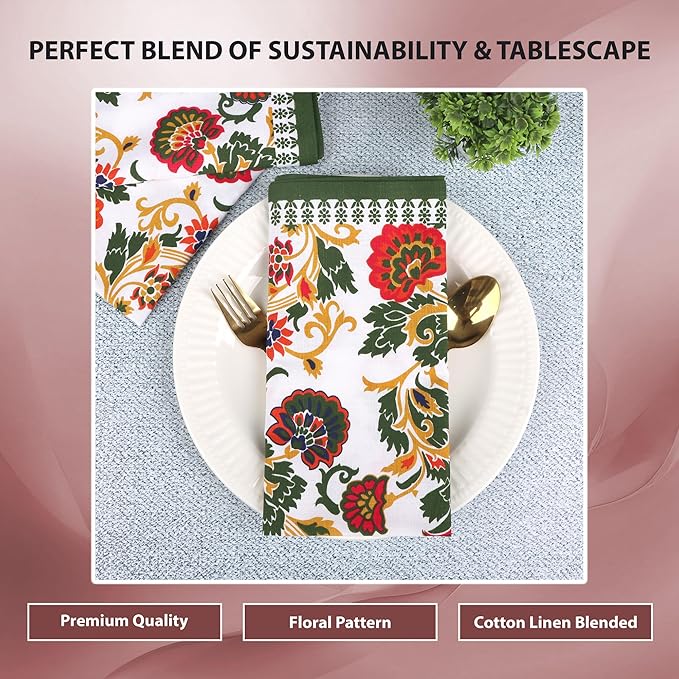 Cloth Napkins Set of 12 Cotton Linen Printed Dinner Napkin Perfect for Parties Weddings Cocktail 20x20 Every Day Use Reusable Washable Good Absorbency (Green Floral Print, Napkins (Pack of 12))