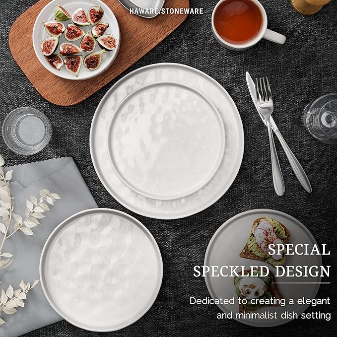 HaWare Dinnerware Sets, 16-Piece Plates and Bowls Set, Stoneware Dish Set for 4, Ceramic Dishware Set for Pasta Cereal, Chip and Scratch Resistant, Microwave and Dishwasher Safe, Speckled White