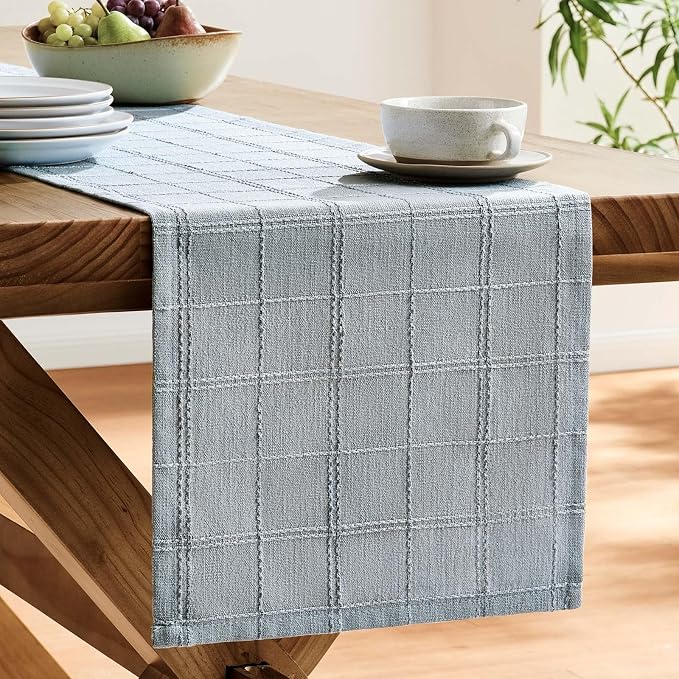 ZeeMart Linen Checked Farmhouse Table Runner, 13x108 Inches Chambray | Raised Grid Design, Rich Woven Texture, Linen Blend Table Runners 108 Inches Long, Machine Washable, Boho Home Kitchen Decor
