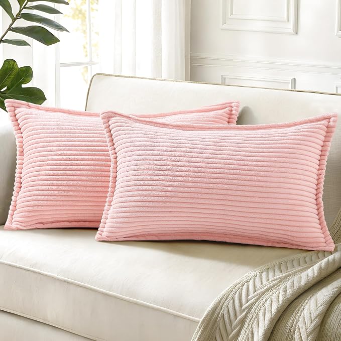 decorUhome Summer Corduroy Pink Throw Pillow Covers 12x20 Set of 2 Decorative Soft Boho Farmhouse Lumbar Couch Pillow Covers for Living Room Bed Sofa Broadside Striped Pillow Cases