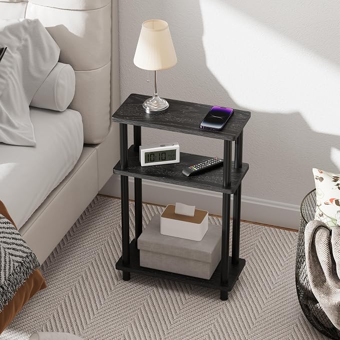 Apicizon Small Narrow Side Table, 3-Tier Skinny End Table with Storage Shelf, Slim Nightstand Bedside Table for Small Spaces, Living Room, Bderoom, Black