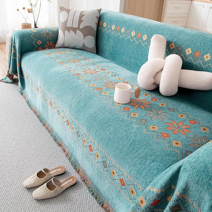 DREAMINGO Teal Boho Couch Cover Jacquard Chenille Sofa Covers Washable 3 Seater Sofa Protector for Pets Kids Modern Bohemain Sectional Couch Slipcovers for Living Room, 71"x150"