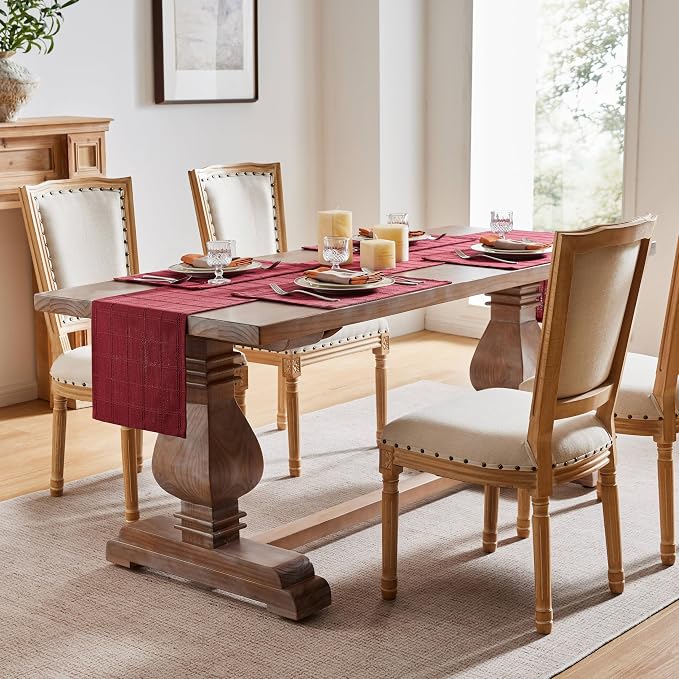 ZeeMart Linen Checked Farmhouse Table Runner, 13x48 Inches Burgundy | Raised Grid Design, Rich Woven Texture, Linen Blend Table Runners 48 Inches Long, Machine Washable, Boho Home Kitchen Decor