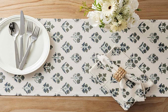 100% Cotton Block Print Floral Table Runners, 13x36 Inch Olive Farmhouse Table Runners 36 Inches Long Boho Flowers Home Decors