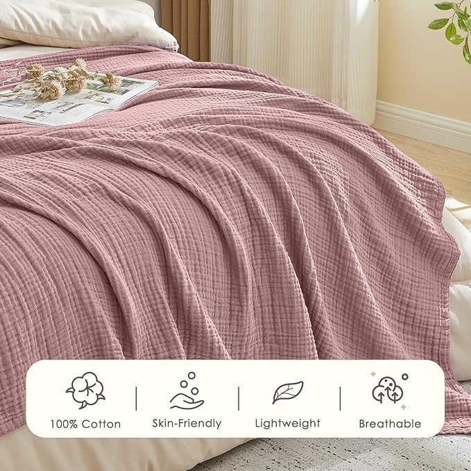 EMME Cotton Muslin King Blanket Big Oversized Bed Layering Bedspread Coverlet Breathable Gauze Soft Lightweight Blankets (Dusty Pink, 120"x94")