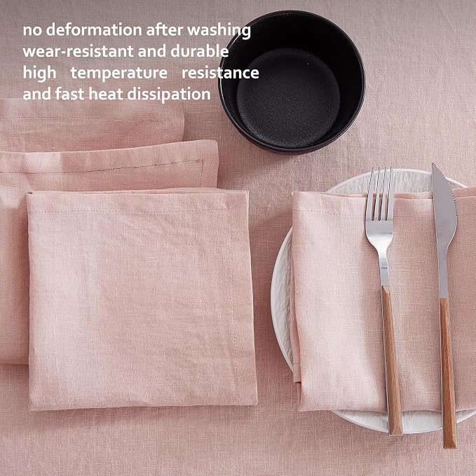 Linen Tablecloth 100% Pure Linen Table Cloth for Rectangle Tables Machine Washable Dining Fall Tablecloth with 4PCS 20"x 20" Linen Napkins (Pink, 60" x 108")