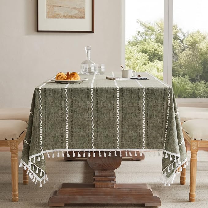 ZeeMart Hemstitched Embroidery Striped Boho Tablecloth 54x54 Inch Olive, Heavy Weight Farmhouse Burlap Linen Green Tablecloth, Wrinkle Resistant Washable Table Cloth for Square Table