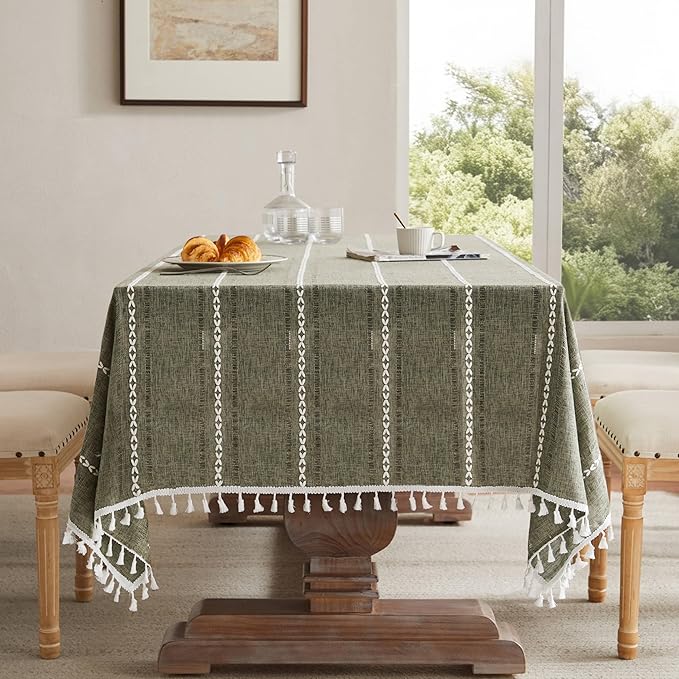 ZeeMart Hemstitched Embroidery Striped Boho Tablecloth 60x120 Inch Olive, Heavy Weight Farmhouse Burlap Linen Green Tablecloth, Wrinkle Resistant Washable Table Cloth for Rectangle Table