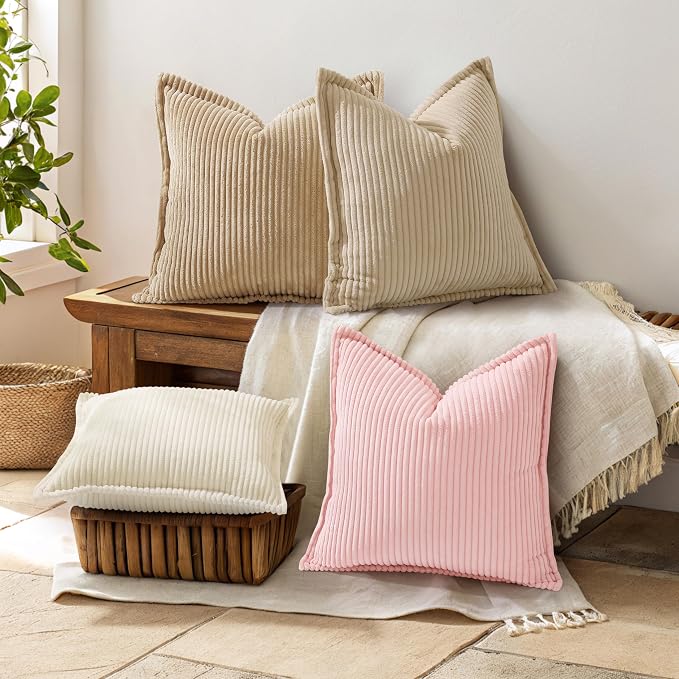 decorUhome Summer Corduroy Pink Euro Sham Throw Pillow Covers 26x26 Set of 2 Decorative Soft Boho Farmhouse Couch Pillow Covers for Living Room Bed Sofa Broadside Striped Pillow Cases
