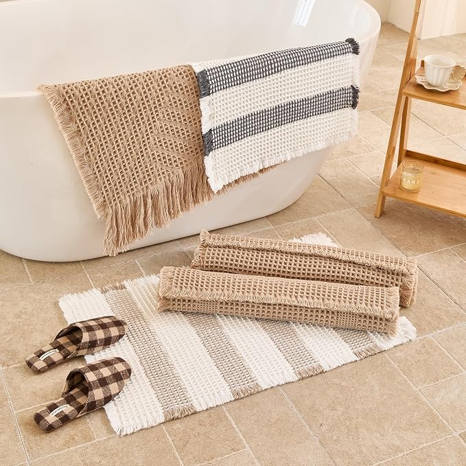 Waffle Bath Mat Non Slip, Boho Bathroom Rug, Super Absorbent Quick Dry Bathroom Mat, Soft Farmhouse Bath Rug with Tassels, Small Washable Shower Mats for Floor 24"x36", Brown