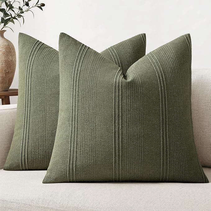 MIULEE Striped Euro Sham Pillow Covers 26x26 Decorative Textured Throw Pillow Covers Pack of 2 Linen Cushion Cases for Couch Bed Sofa Livingroom Farmhouse Home Decor, Olive Green