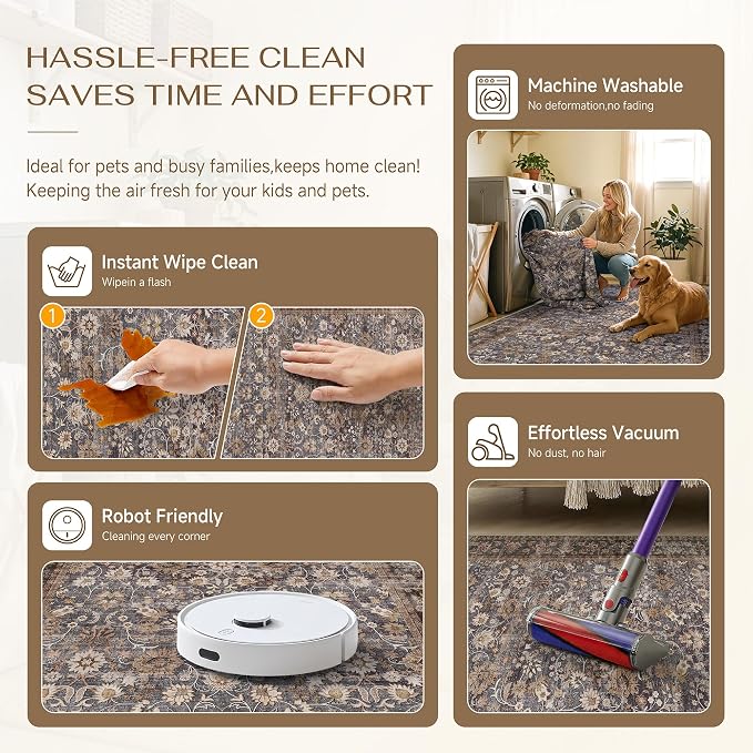 HUGEAR 10x14 Machine Washable Rugs Tradition Brown Hallway Large Area Rug Indoor Accent Rug Floral Low Pile Carpet Soft Throw Aesthetic Rug Bedroom Living Room Office Dining Room Kitchen Laundry Room