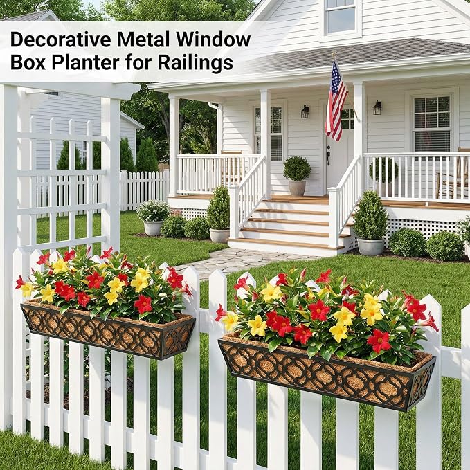 2 Pack 30 Inch Railing Planter Box with Coco Liner, Adjustable Metal Window Box Planter for Balcony Deck Fence, Hanging Flower Basket for Outdoor Garden, Black