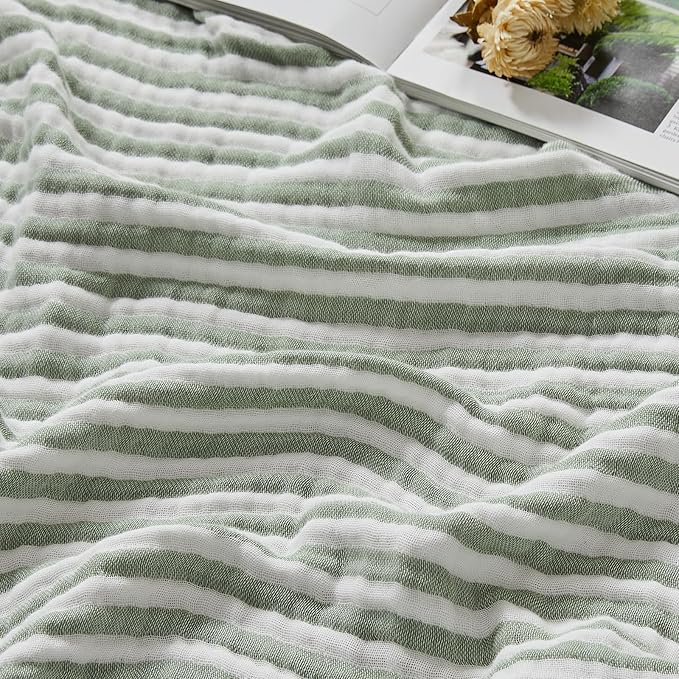 EMME Cotton Muslin Large Throw Blanket Couch Breathable Gauze Soft Lightweight Bed Blankets Adults (Striped Sage Green, 50"x70")