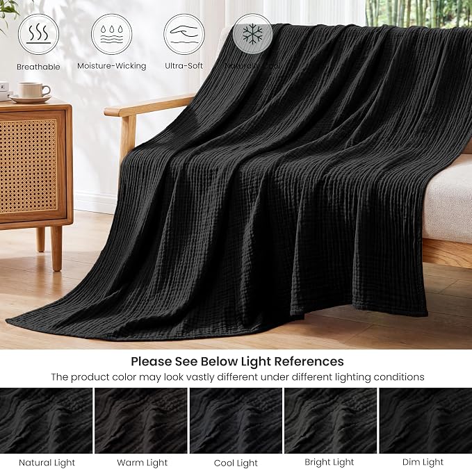 Love's cabin Cooling Muslin Blanket Twin Size, 50% Rayon Derived from Bamboo, 50% Cotton, 4-Layer Lightweight Breathable Summer Gauze Blanket for Bed, Soft for Hot Sleepers and Kids, 60"x80", Black