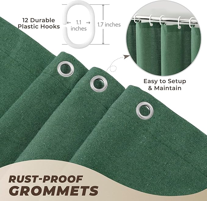 Boho Shower Curtains for Bathroom, Farmhouse Shower Curtain with Tassels, Green Shower Curtain Set, Faux Linen Fabric Shower Curtain with 12 Hooks, Hotel Quality, 72x72 Inches