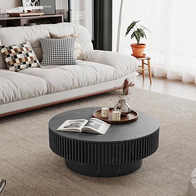 φ31.5 Round Coffee Table with Storage, Wood Veneered Pedestal End Table for Living Room, Modern Contemporary Circle Fluted Drum Side Table for Small Space - ø31.5" x 14"H Black