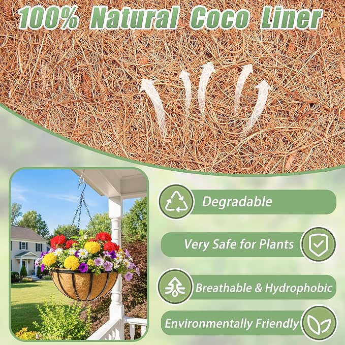 4 Pack 12 Inch Hanging Baskets for Plants Outdoor Metal Hanging Planters Round Hanging Flower Pots with Coco Coir Liner Plant Holder for Outdoor Patio Garden Balcony Decor - Flat Iron