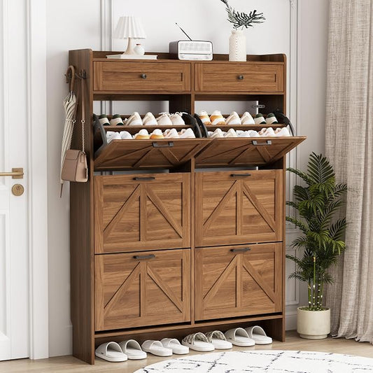 Shoe Cabinet with 6 Flip Drawers & 2 Top Drawers, 57" Tall Freestanding Narrow Wooden Shoe Storage Organizer for Entryway, Hidden Slim Shoe Rack for Front Door Entrance, Hallway, Living Room, Walnut