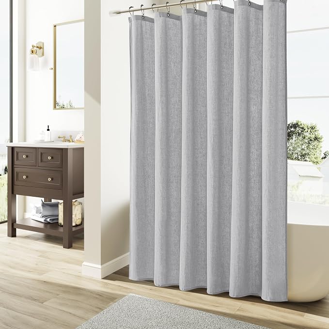 Naturoom Light Grey Linen Shower Curtain, Cloth Textured Fabric Shower Curtain Set with Hooks, Simple Elegant Modern Farmhouse Country Ultra Thick Bath Curtains for Bathroom,Water Repellent,72x84