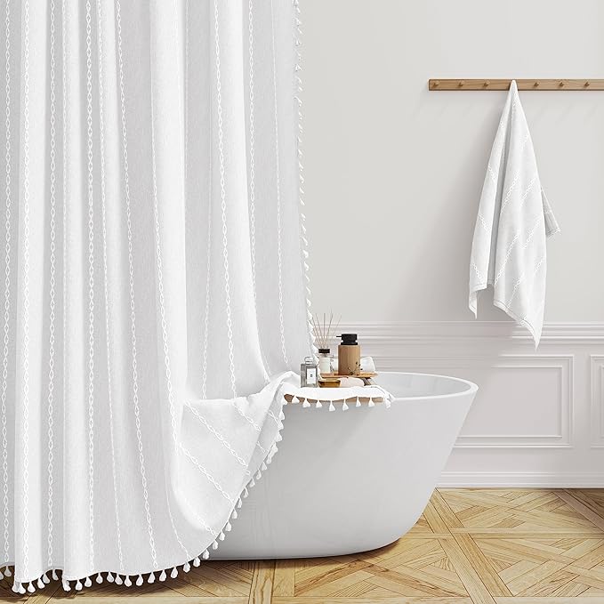 BTTN Extra Long Shower Curtain, 72x84 Inch Long Boho Tassel Linen Fabric Thick Shower Curtain Set with Plastic Hooks, Large Modern Farmhouse Country Decorative Cloth Shower Curtain for Bathroom, White