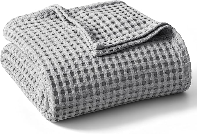 Exclusivo Mezcla Pre-Washed 100% Cotton Waffle Throw Blanket for Couch, 330GSM Lightweight Breathable Summer Blankets, Soft and Cozy, Room Decor, Light Grey, 50x60 Inches