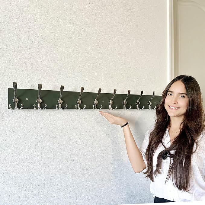 SKOLOO Creations Forest Green Solid Wood Wall Mounted Coat Rack, 10 Hooks, 38-1/8" Long - Kitchen, Mudroom, Entryway, Bathroom - Includes Mounting Hardware, Wall Coat Hanger, Towel Rack