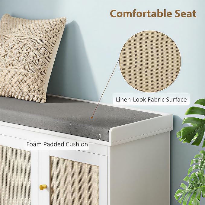 HOMCOM Shoe Bench with Woven Rattan Doors, Shoe Storage Bench with Cushion, Adjustable Shelves for 9 Pairs, Boho Style Entryway Bench for Bedroom, Living Room, 13.8 x 41.3 x 18.5 Inches, White