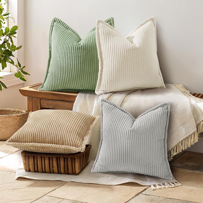 decorUhome Summer Corduroy Grey Euro Sham Throw Pillow Covers 22x22 Set of 2 Decorative Soft Boho Farmhouse Couch Pillow Covers for Living Room Bed Sofa Broadside Striped Pillow Cases