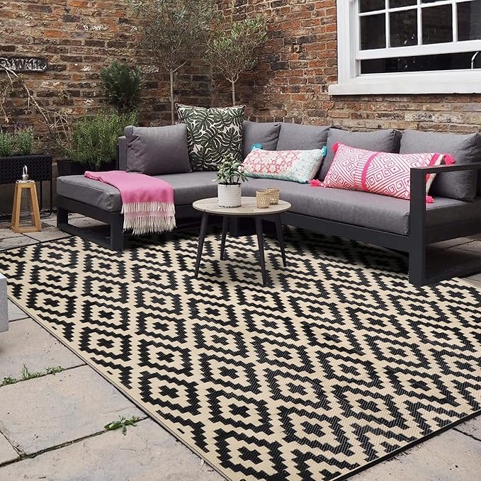 SAND MINE Waterproof Outdoor Rug 8x8 ft, Plastic Reversible Rug, Modern Area Rug, Large Floor Mat for Outdoors, RV, Patio, Backyard, Deck, Picnic, Beach, Camping, Black & Beige