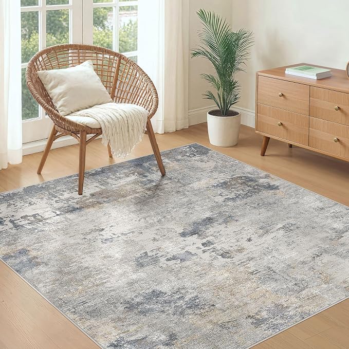 UERMEI Square Area Rugs : Washable 5x5 Neutral Modern Abstract Carpet for Living Room Bedroom - Soft Floor Mat with Non Slip Backing for Kitchen Nursery Dorms Farmhouse Home Decor - Blue Grey