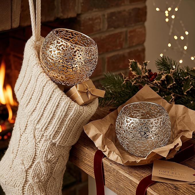 Metal Cut-Out Tealight Candle Holders Set of 2 – Geometric Lanterns for Table Centerpiece & Bathroom Spa – Shatterproof Holiday Decor, Winter Wedding (Silver*2)