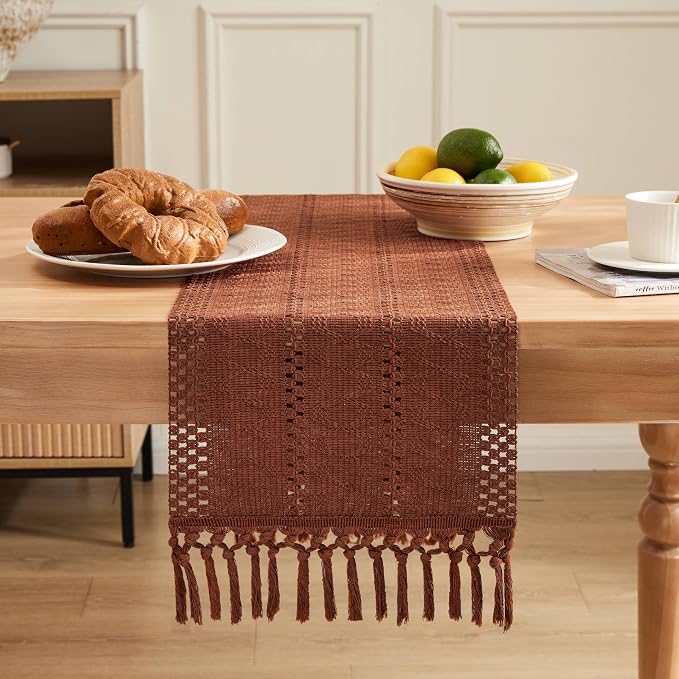ZeeMart Macrame Style Boho Table Runner, Terracotta Table Runners 108 Inches Long, Farmhouse Woven Home Decor, 12x108 Inch, Terracotta