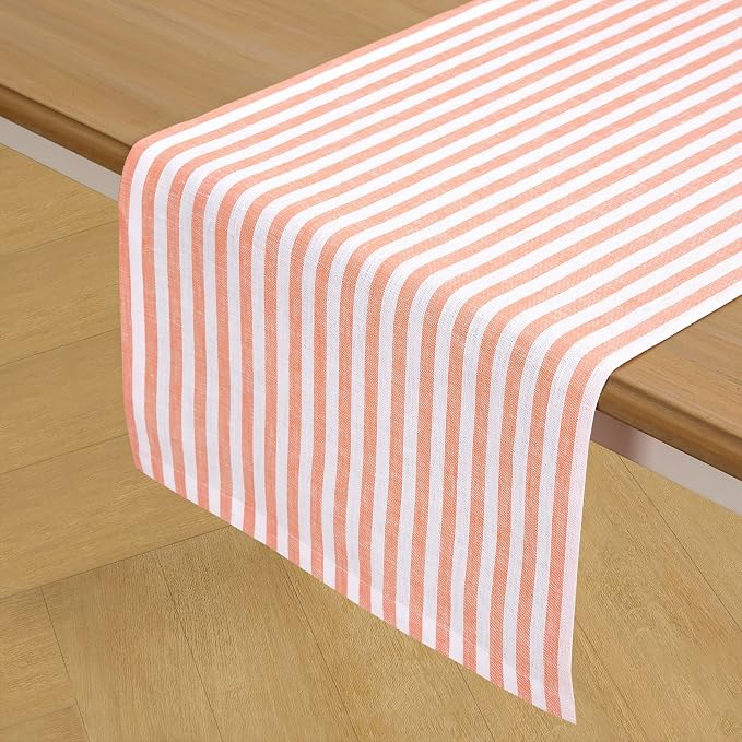 Solino Home Striped Linen Table Runner 48 Inches - Amalfi Stripe, 100% Pure Linen Orange and White Small Table Runner 14 x 48 Inch Ideal for Dresser and Coffee Tables, Summer