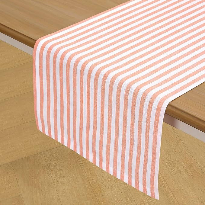 Solino Home Striped Linen Table Runner 90 Inches Long - Amalfi Stripe 100% Pure Linen Orange and White Dining Table Runner 14 x 90 Inch for Summer