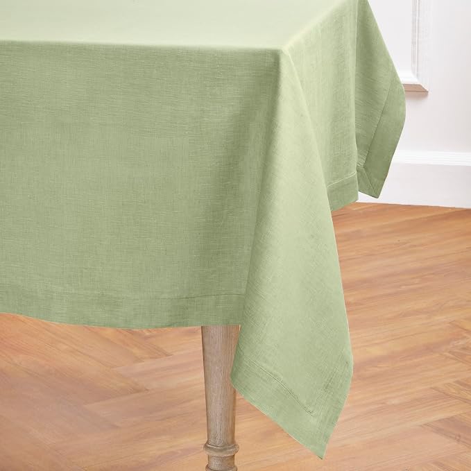 Solino Home Linen Tablecloth 60 x 90 Inch - 100% Pure Linen Chambray Olive Table Cloth for Rectangle Tables - Athena, Machine Washable Tablecloth for Summer