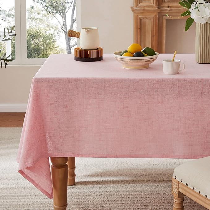 Linen Tablecloth for Rectangle Table, 52x70 Inch Pink, Farmhouse Style Pink Tablecloth, Water Resistant Burlap Tablecloths for Dining Table Farmhouse Kitchen