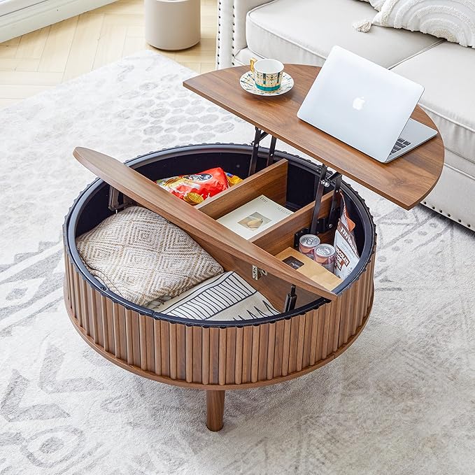 Janmer Home Round Lift Top Coffee Table with Storage, Fluted Mid Century Modern Coffee Tables, Small Space,31.5" Wooden Center Table for Living Room, Apartment, Office (Walnut)