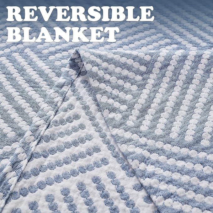 jinchan Boho 100% Cotton Blanket Muslin Twin Size 60x80 Inches Lightweight 3-Layer Geometric Square Striped Pattern Reversible Quilt Throw Soft Breathable Comfy All Seasons for Couch Bed Decor, Blue