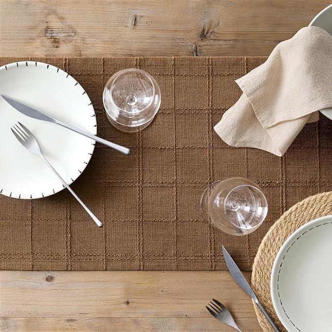 ZeeMart Linen Checked Farmhouse Table Runner, 13x108 Inches Roasted Brown | Raised Grid Design, Rich Woven Texture, Linen Blend Table Runners 108 Inches Long, Machine Washable, Boho Home Kitchen Decor